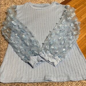 Blue Top with Sheer Floral Sleeves NWOT